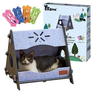 PETZONE Indoor Cat Cave Bed Tunnel Felt Scratch‎ Resistant Blue Grey Medium